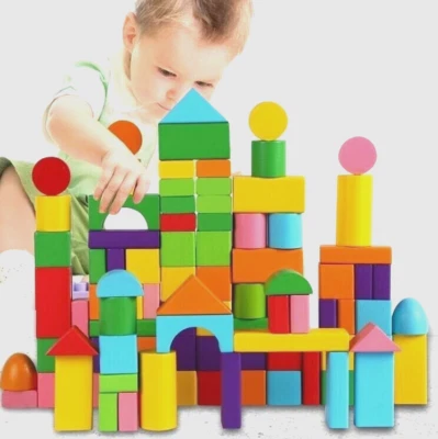 Classic Wooden Building Blocks Set 50pcs with Bag for Kids Assemble Educational - Image 1 of 3
