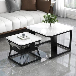 2Pcs Nesting Coffee Tables Set Square Stacking Side Tables Marble-Look White - Picture 1 of 10