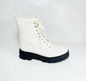 Marc Fisher Pierce Combat Stiefel Damengröße 8,5 elfenbeinfarben gesteppt klobiger Absatz NEU - Bild 1 von 3