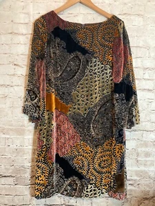 Muse Dress Womens 8 Silk Velvet Burnout Shift Rust Mixed Print Flared Sleeve - Picture 1 of 17