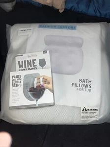 Rectangle 3D Mesh Bath Pillow Spa Pillow With Suction Cup & Wine Holder Tub - Picture 1 of 3