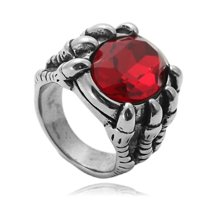 Anillo retro garra de dragón rojo ovalado circonita cúbica acero inoxidable para hombre talla 7-12 Foto 1 de 2