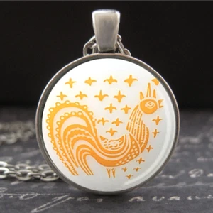 Pyrex Rooster Necklace Orange Amish Butterprint Pattern Retro Pendant Jewelry - Picture 1 of 3