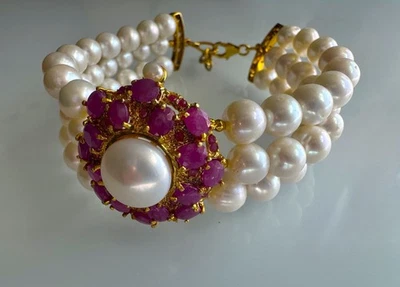 925 Sterling Silver  Gold Plated Three strands Pearl Ruby Lobster Clasp Bracelet - Image 1 of 4