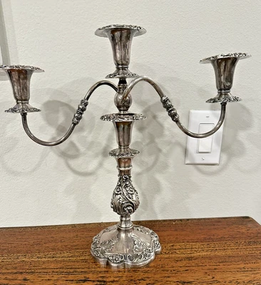 SHEFFIELD 银色古董老式 CANDELABRAS 3 光蜡烛美国  — 第 1/4 张图片
