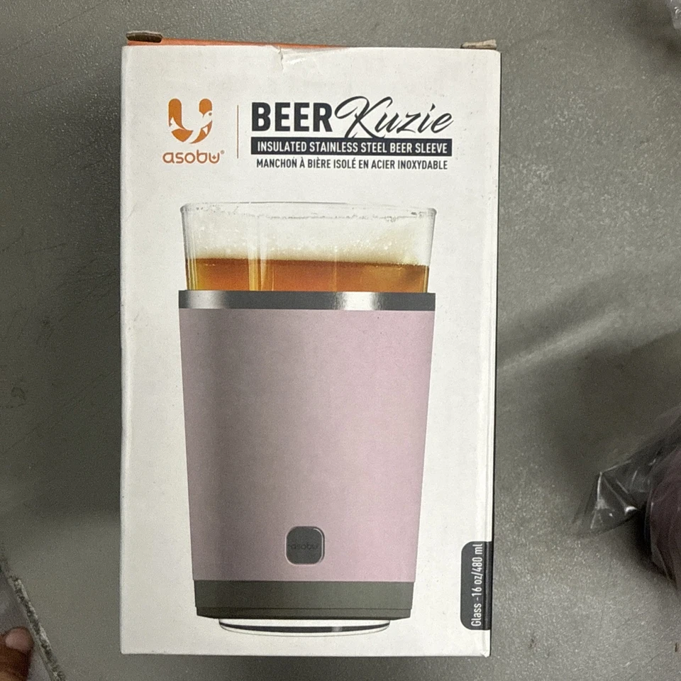 Funda de cerveza rosa Asobu Beer Kuzie y vidrio de 16 oz para viajes al aire libre nueva en caja Foto 1 de 4