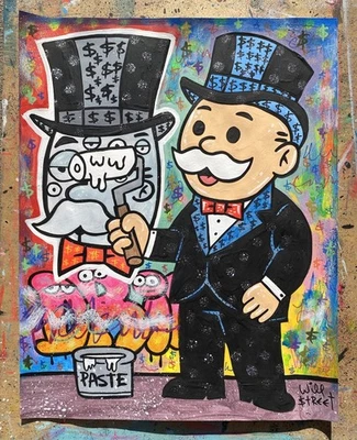 WILL STREET original painting 11x14/ Mr Monopoly Art banksy brainwash pop alec - Image 1 of 4