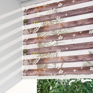 Zebra Dual Roller Blinds Curtains Window Shade Wood and Flower 22" W x 72" H - Picture 1 of 6