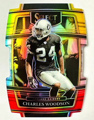 Tarjeta Prizm 2021 Panini Select Charles Woodson troquelada roja amarilla #40 ¡Raiders! Foto 1 de 3