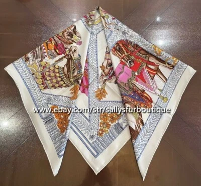 Sallys 18 Momme Twill Silk Wrap Scarf Horse Vintage Print Double Face Shawl 35" - Image 1 of 4