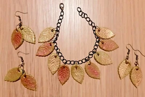CHAIN BRACELET with LEAVES; Adjustable; Matching 1 or 2-Leaf Earrings; Handmade - Picture 1 of 12