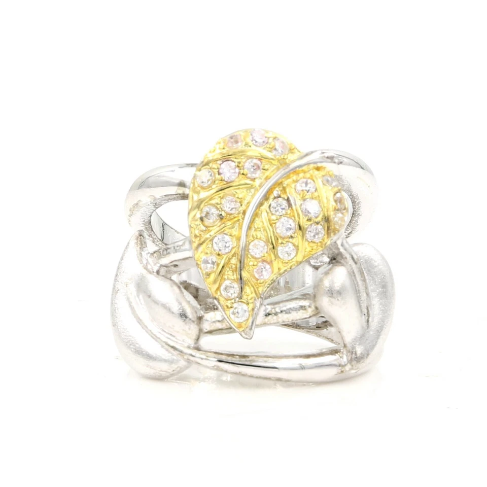 Anillo diario de lujo de cóctel de acero inoxidable 316 hojas de 2 tonos para mujer Foto 1 de 4