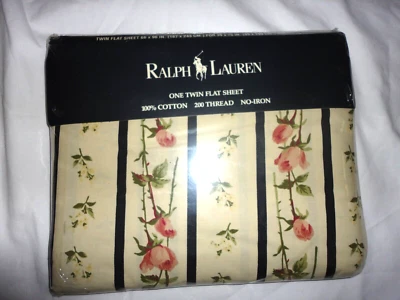 VINTAGE 1993 RALPH LAUREN KATIA ROSE BUDS RED STRIPE (1) TWIN FLAT SHEET 66X96 - Image 1 of 3