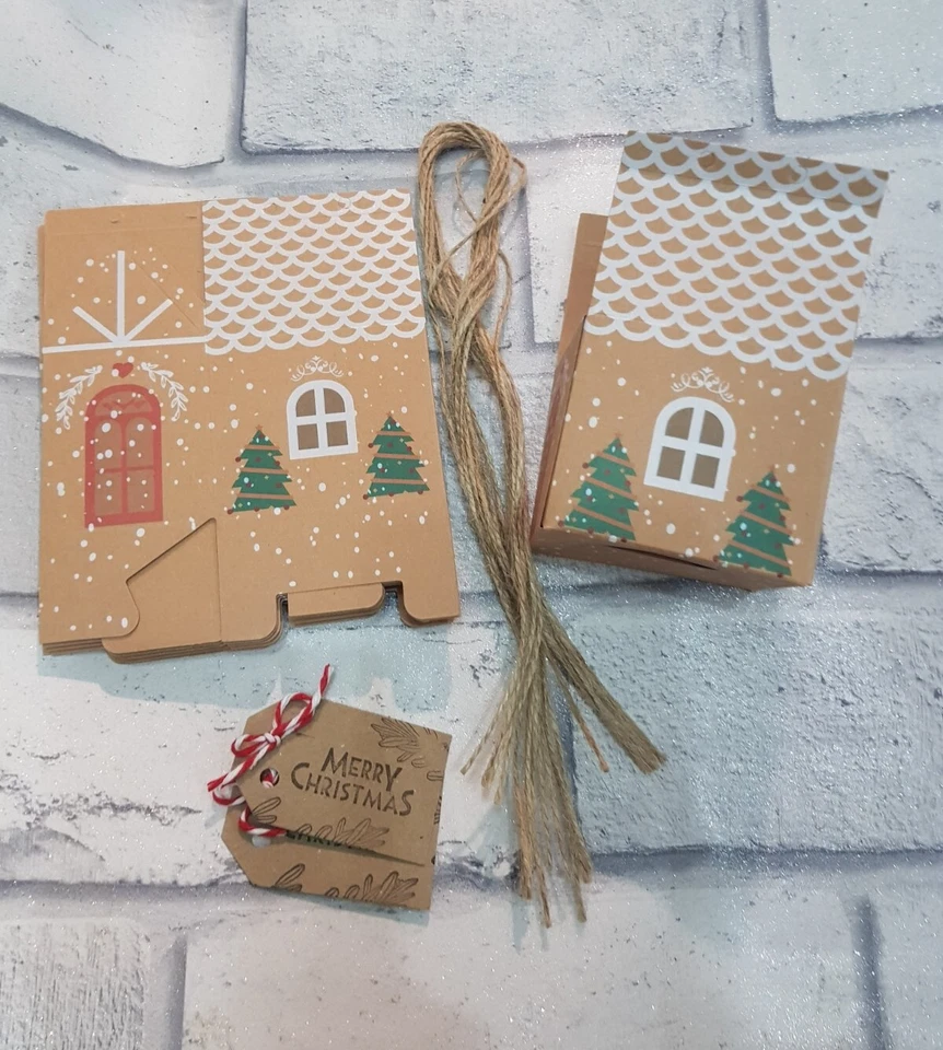 10 X Christmas House With Gift Tags Box Candy cookies Soaps Party Sweets