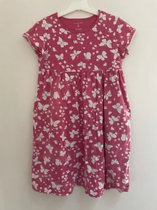Lands' End Kid Girls White Butterfly Print 100% Cotton Short Sleeve Dress Pink 7 - Picture 1 of 5
