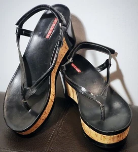 PRADA Black Leather Wedge Platform Cork Thong Sandals Women's US 7/EU 37.5 - Picture 1 of 12