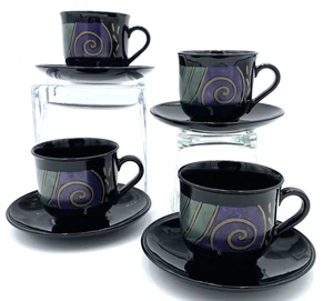 4 Sets - Vintage Cups & Saucers, Arcoroc (France) Black Glass, Tampico Design - Picture 1 of 11