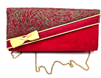 Bolso sin asas de noche vintage rojo dorado cadena correa arco formal fiesta fiesta Foto 1 de 4