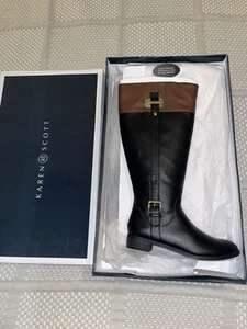 Karen Scott Womens Deliee Round Toe Black/Brown Knee High Riding Boots NEW - Picture 1 of 3