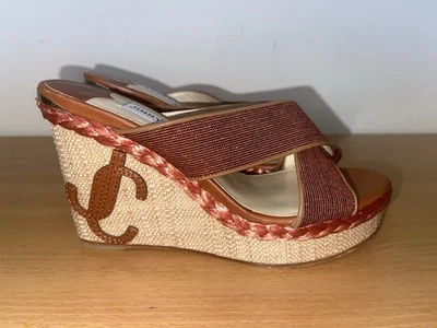 NEW AUTHENTIC JIMMY CHOO DOVINA 100 RAFFIA WEDGE SANDALS SZ EU 37 US 7 - Image 1 of 4