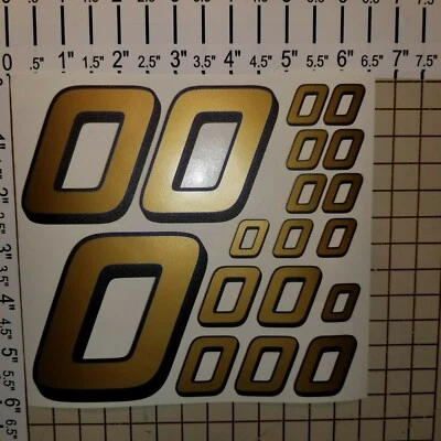Gold w/ blue / black #0's  Racing Numbers Vinyl Decal Sheet 1/10- 1/12 pine car - Image 1 of 4