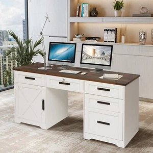 60" Farmhouse Executive Desk with Drawers,Home Office Desk with Charging Station - Picture 1 of 9