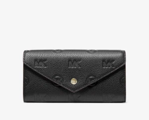 NWT Michael Kors Jet Set Travel MK Logo Embossed Leather Envelope Black Wallet - Picture 1 of 16