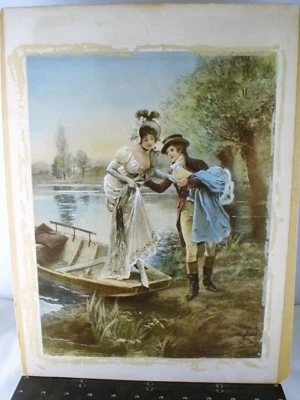 Litografía a gran color de una pareja Dapper New York 1800 en entorno de parque Foto 1 de 2