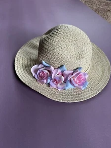 Elli by Capelli Girls One Size Natural Straw Floral Accent Floppy Sun Hat NWOT - Picture 1 of 4