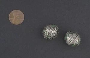 Green Enamel Berber Bead Set of 2 19mm Morocco African Round White Metal - Picture 1 of 3