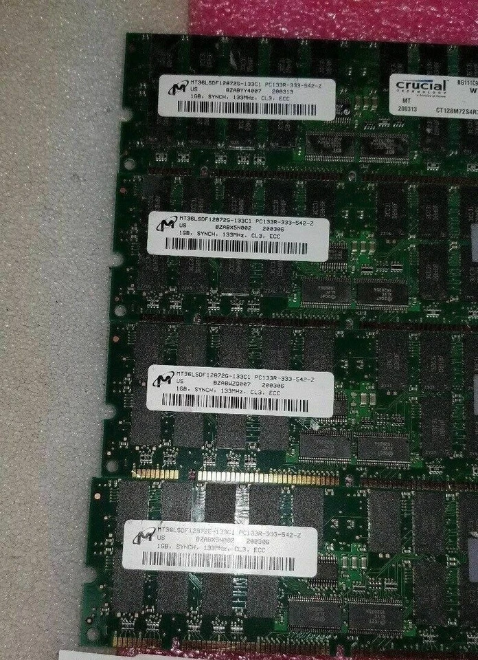 MICRON 4gb kit = 4 x 1gb sdram sd sdr pc133 133mhz 133 168pin ecc-reg ECC regist - Image 1 of 1