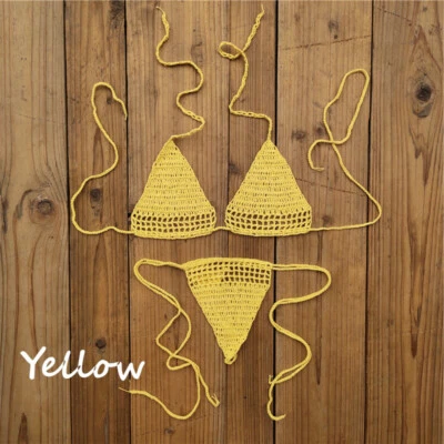 Sexy Mini Conjunto de Bikini de Ganchillo a Mano Parte Superior Inferior Tanga Boho Tanga Bikini Microkini Foto 1 de 4