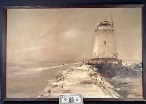 Charles Gruppe Original Painting Oil On Board Signed Old Saybrook Ct Lighthouse - Picture 1 of 6