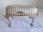 Antque Ornate Silver Plate Covered Butter Dish w Tray Glass Leon Footed Roll Top