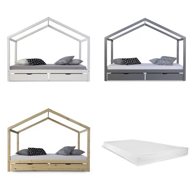 Kinderbett 90x200 mit Matratze Mädchen 2 Schubladen Junge Hausbett Homestyle4u - Bild 1 von 4
