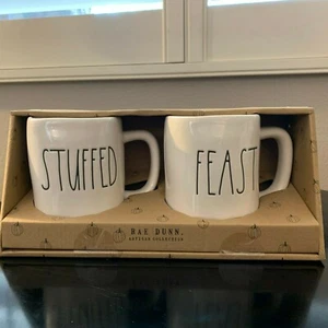 NIB! Rae Dunn Set of 2 Ceramic Coffee Mugs STUFFED & FEAST - Picture 1 of 1
