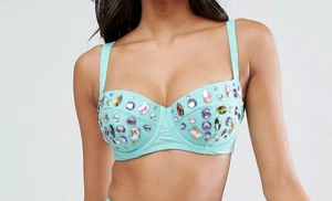 Frozen Gem Embellished Longline Bikini Top SIZE UK 8 B Cup C16 - Picture 1 of 2
