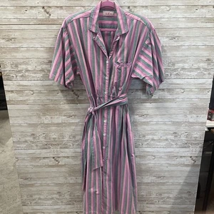 Vestido vintage Aurea para mujer 12 rosa púrpura verde rayas años 80’s cintura camisera con cinturón - Imagen 1 de 16