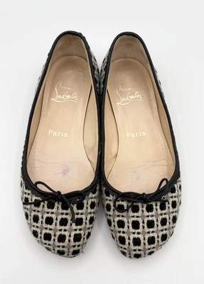 Pisos de ballet Christian Louboutin tweed blanco y negro con detalle de cinta talla EU 37 Foto 1 de 4