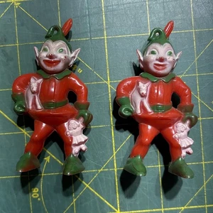 2 VTG Christmas Elf Ornaments 1940s Rosen Rosbro Plastic - Picture 1 of 2