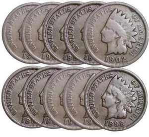 LOT OF 10 Indian Head Cent Pennies in G/VG (10 PC. LOT) Circulated FREE SHIPPING - Picture 1 of 2