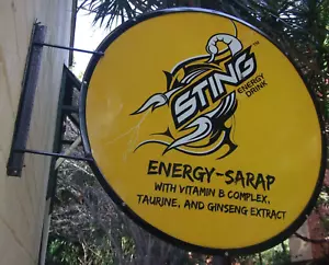 VINTAGE METAL STING ENERGY DRINK ADVERTISING SIGN Double Sided Hanging 24'' Diam - Bild 1 von 10