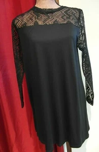 Size 12 -BLACK Long Tunic Top/Mini Dress Lace Sleeve, shoulder & Neck Goth boho - Picture 1 of 3