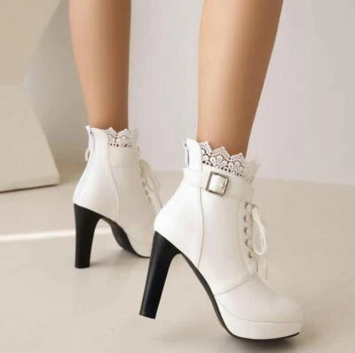 Women's Platform Splicing Ankle Boots Shoes Chunky Heel Round Toe Lace Up Chic - Image 1 of 4