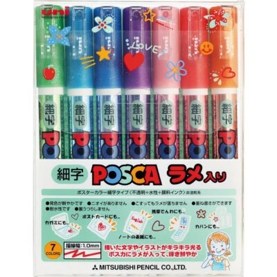 Posca Glitter Paint Marker Set of 7 Colors Water Resistant Art Pens