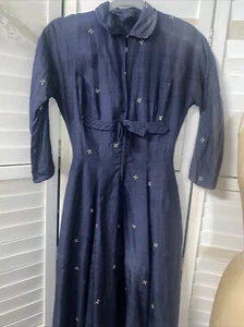Vintage 50s Navy Fit And Flare Silk Dress 3/4 Dolman Sleeves Size Small - Picture 1 of 11