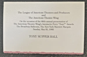 1992 49th Annual Tony Award Supper Ball Marriott Marquis Ballroom Menu - Bild 1 von 3