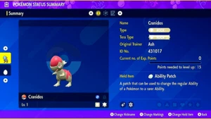 ✨ SHINY CRANIDOS EGG PERFECT IVS ADAMANT WITH ABILITY PATCH Indigo Disk Pokemon✨ - Picture 1 of 2