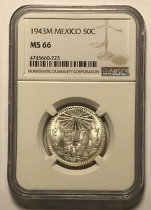 Mexico 1943M Silver 50c NGC MS66 KM447- Very Scarce Superb Gem - Picture 1 of 4