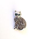 Emerald Marcasite Pet Pussy Cat Animal Brooch STERLING SILVER Lapel Pin Pendant